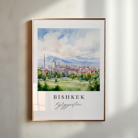 Bishkek Kyrgyzstan Watercolor City Mountains Minaret Art Poster