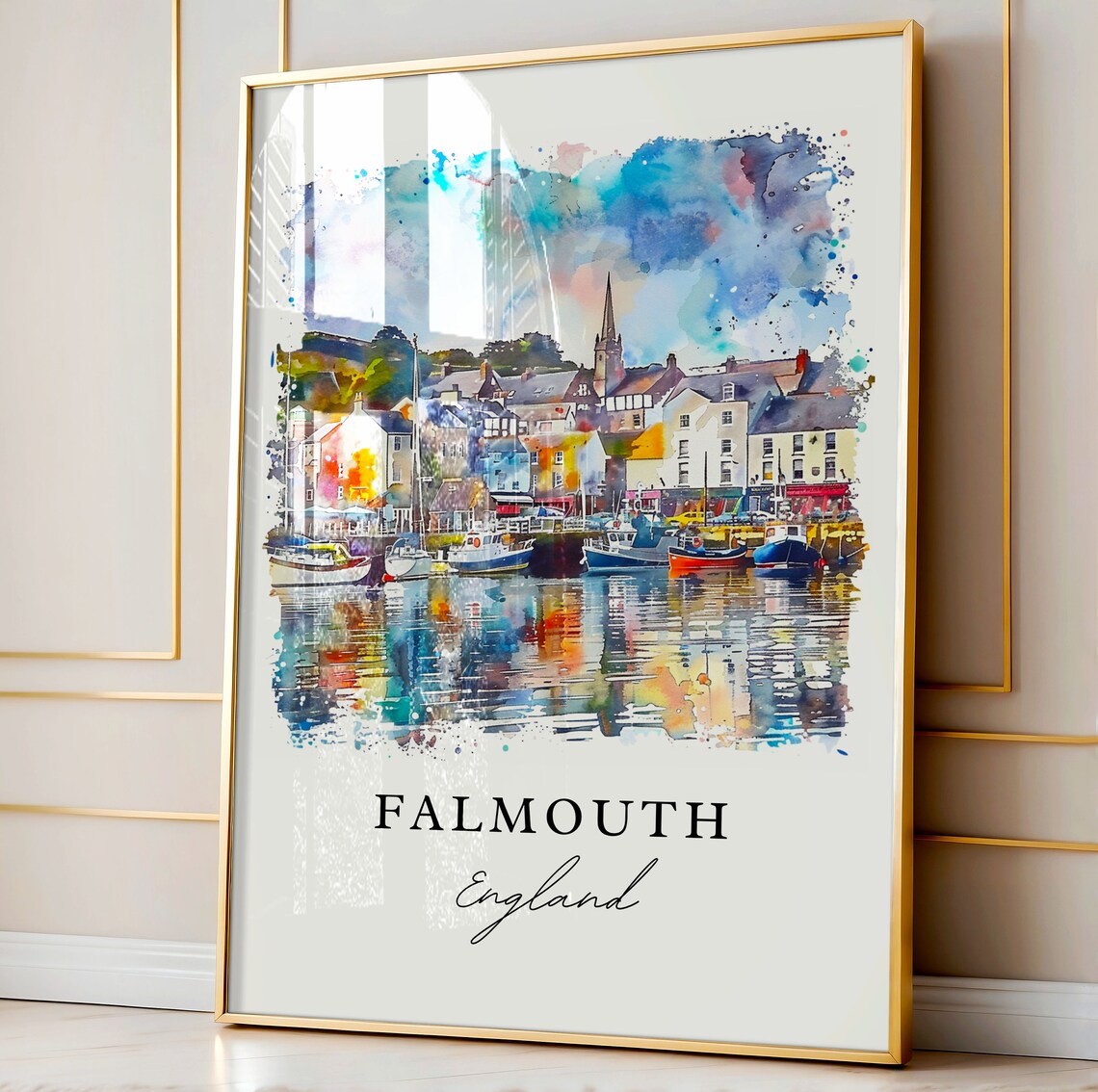 Falmouth England Watercolor Harbor Colorful Boats Town Poster - Image 3