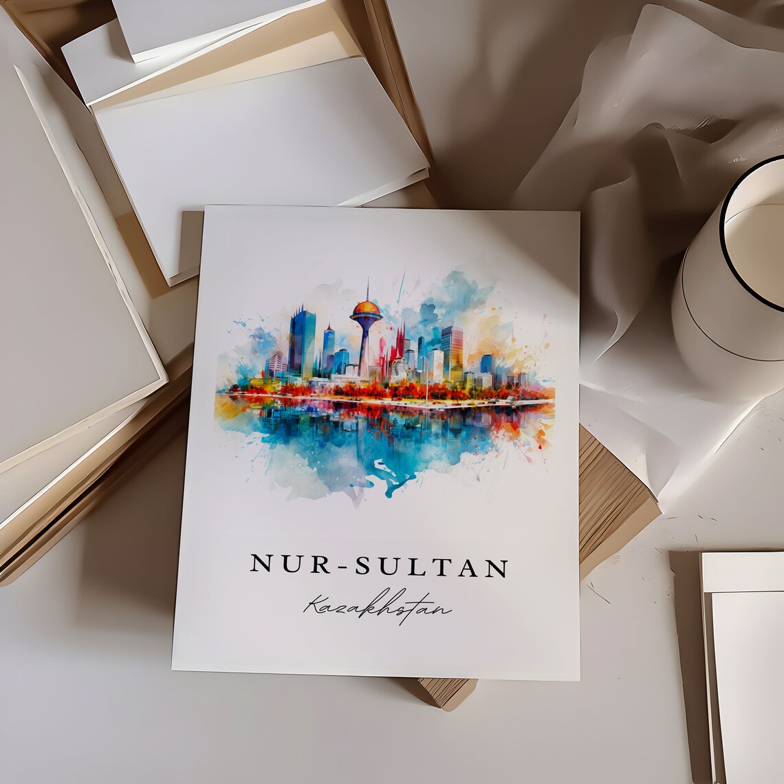 Nur Sultan Kazakhstan Watercolor Modern Skyline Golden Sphere Tower Poster - Image 7