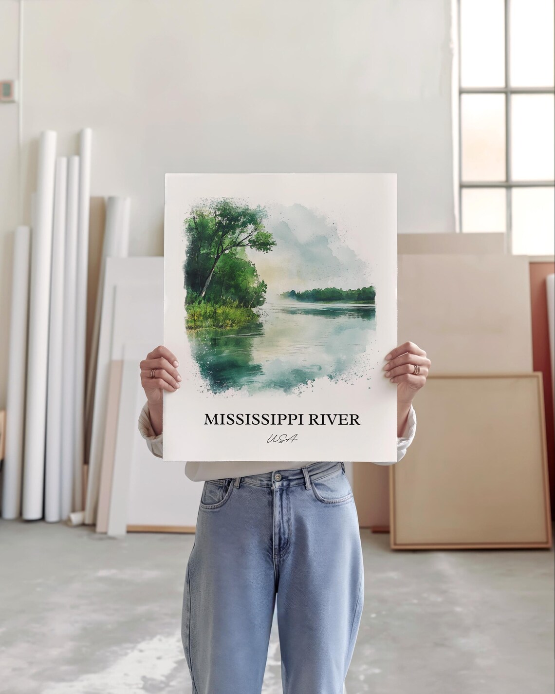 Mississippi River USA Lush Green Banks Watercolor Nature Poster - Image 3