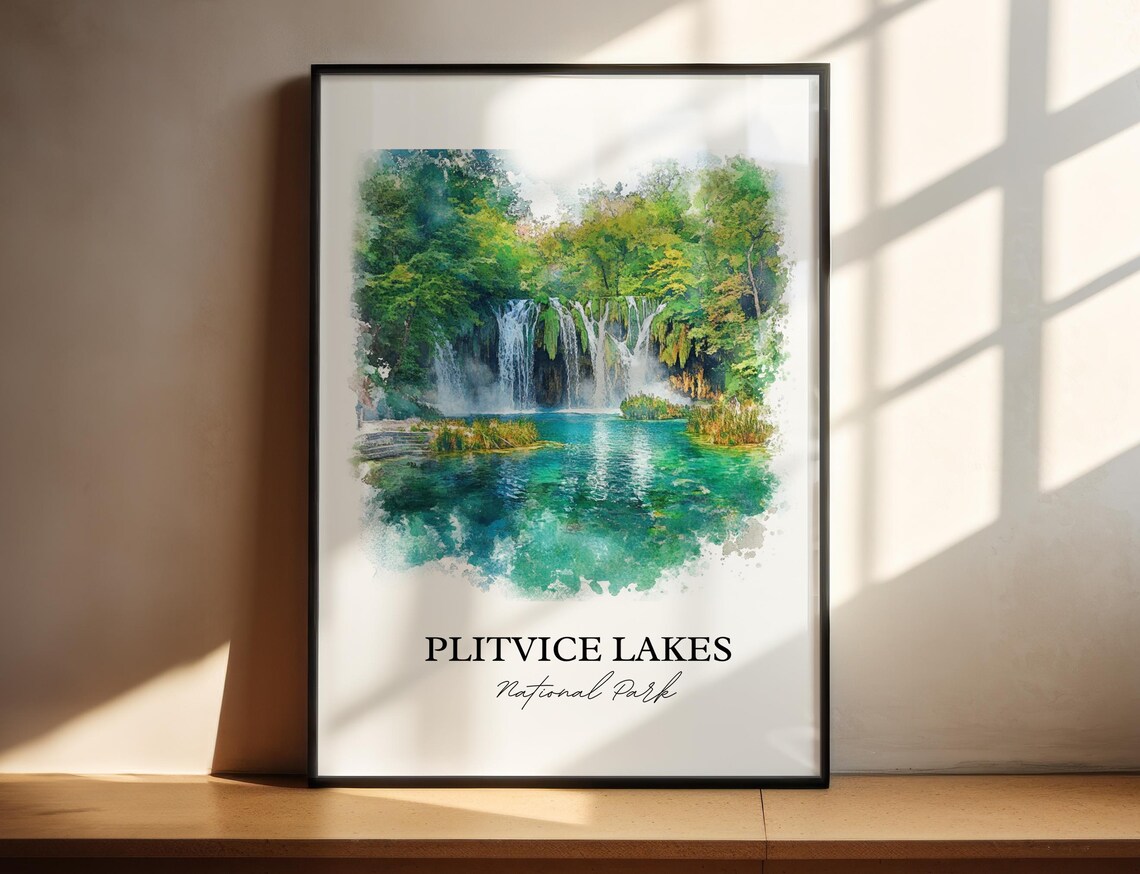 Plitvice Lakes Croatia Waterfall Lake Watercolor Travel Poster