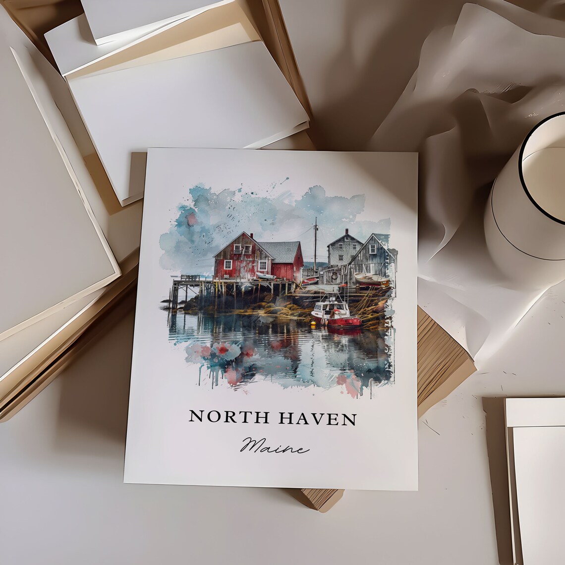 North Haven Maine Watercolor Coastal Fishing Village Art Poster - Image 5