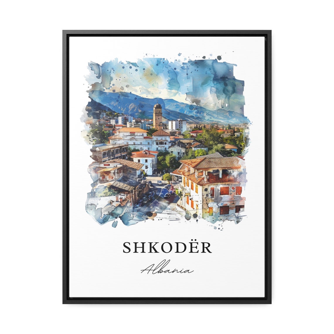 Shkoder Albania Castle Hill Cityscape Watercolor Travel Poster - Image 3