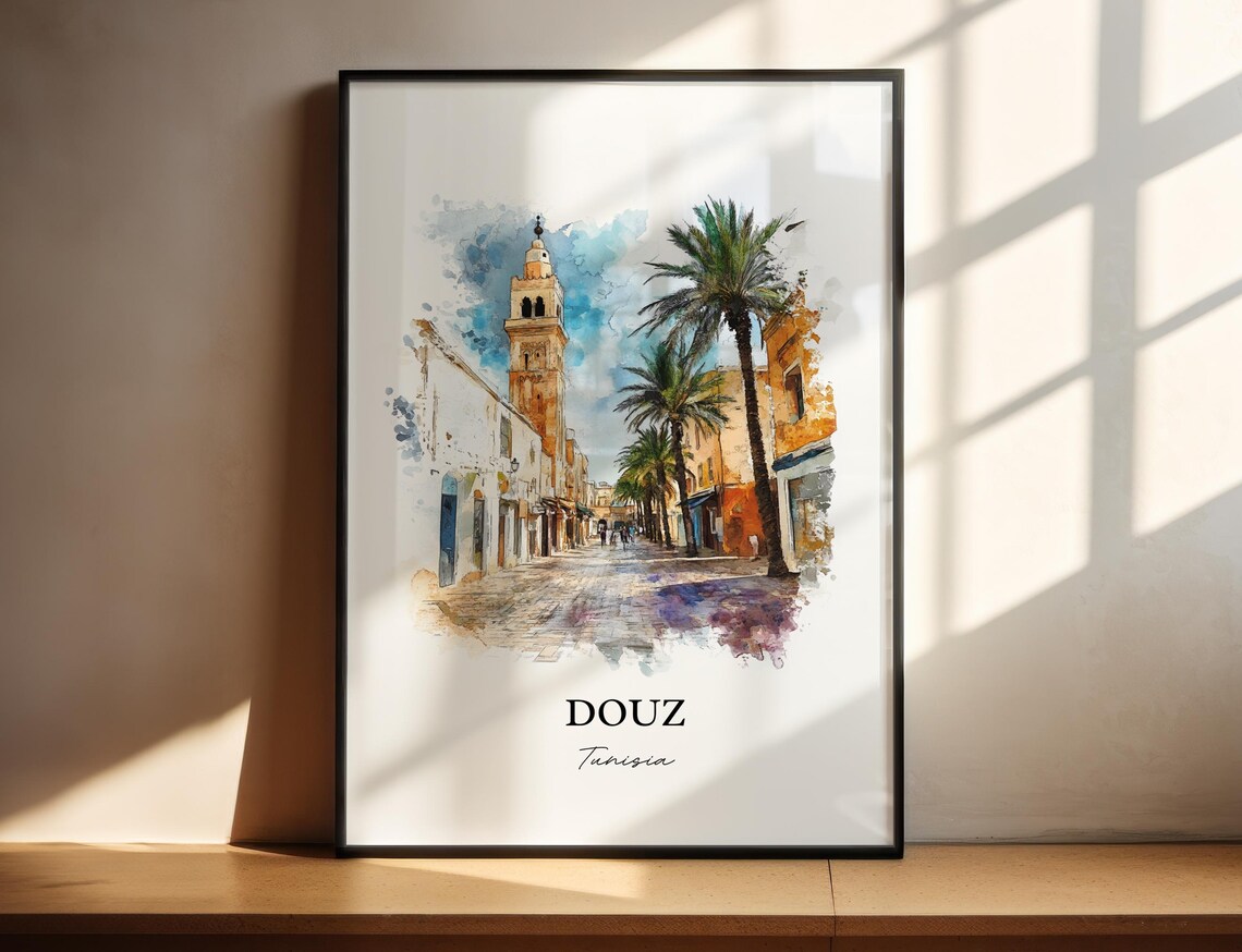 Douz Tunisia Palm Lined Desert Street Watercolor Travel Poster