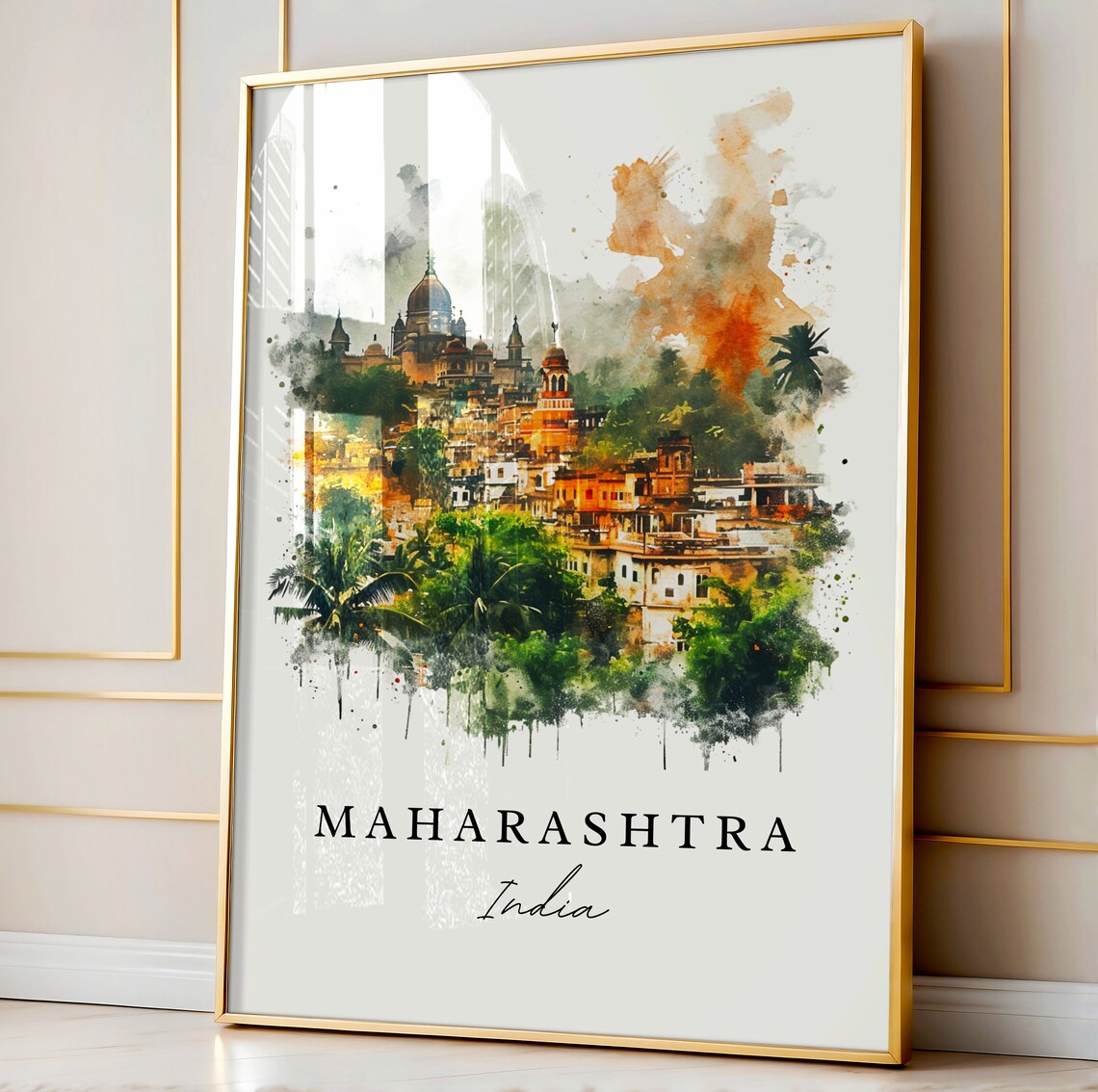 Maharashtra India Hilltop Temple Town Watercolor Travel Art Poster - Image 4