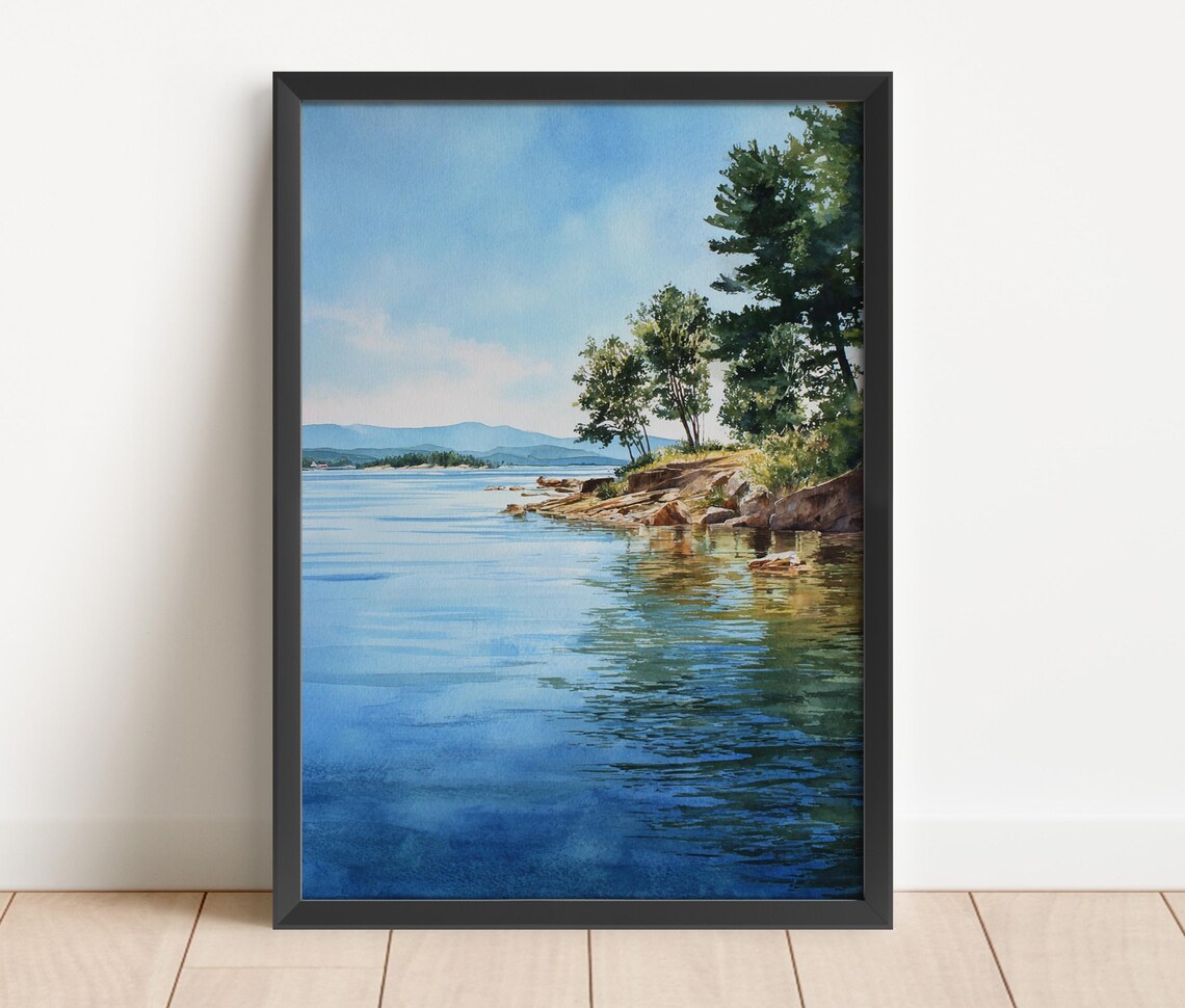 Lake Winnipesaukee Pine Shoreline Calm Blue Water Watercolor Art Print