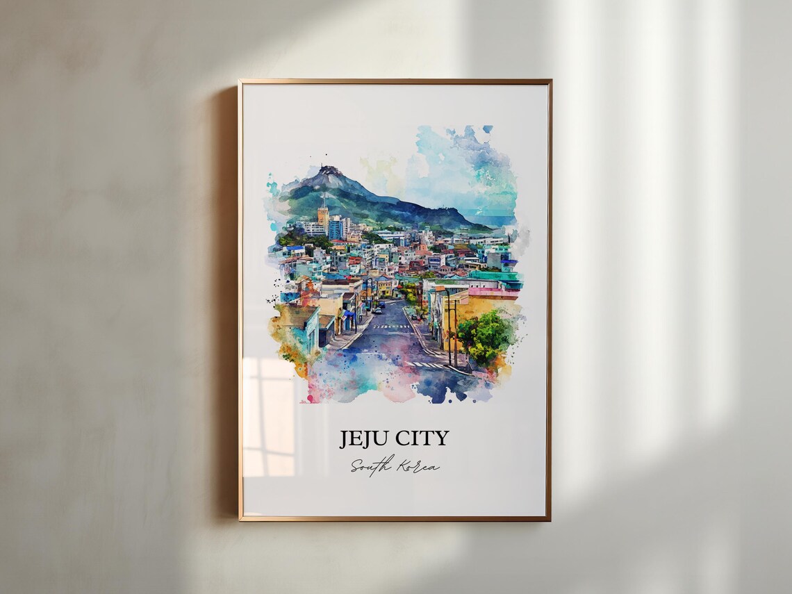 Jeju City South Korea Mountain City Watercolor Travel Poster - Image 4