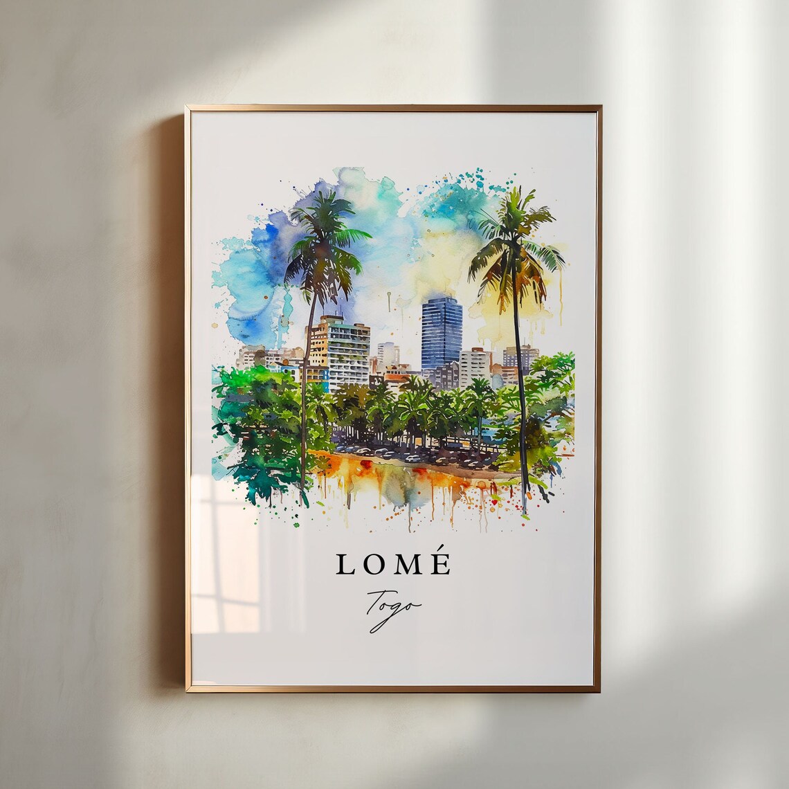 Lome Togo Watercolor Skyline Palm Waterfront West Africa Art Poster