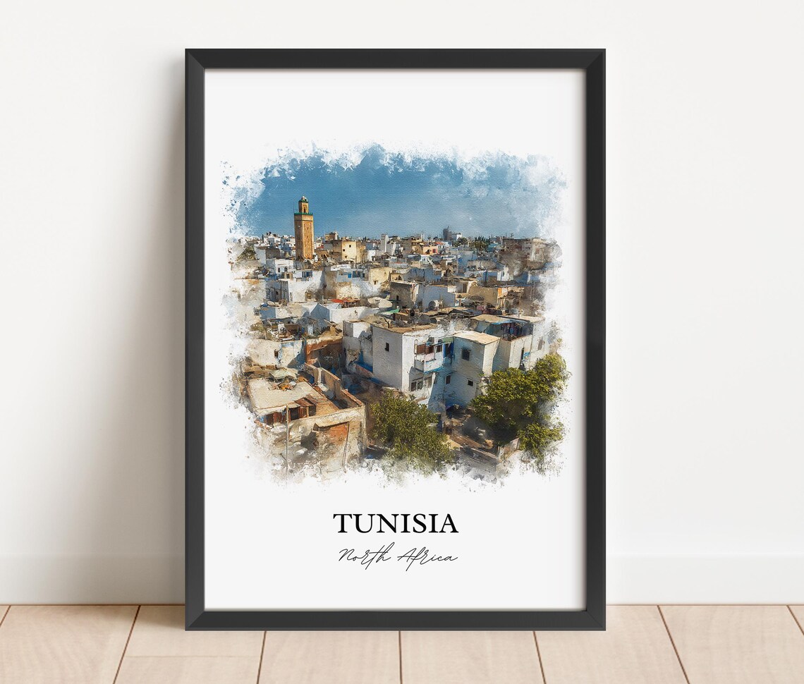 Tunisia North Africa White Medina Skyline Watercolor Travel Poster - Image 2