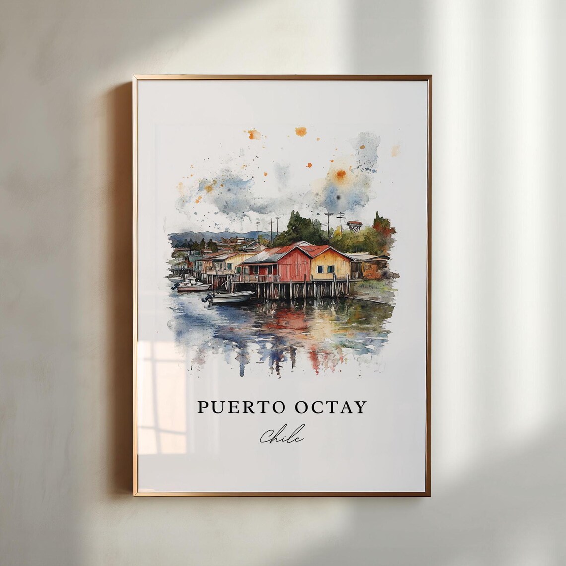 Puerto Octay Chile Watercolor Stilt Houses Lake Scene Poster
