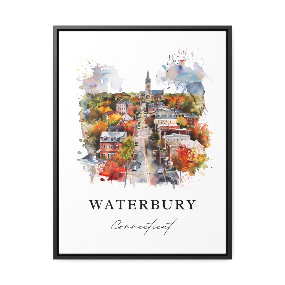 Waterbury Connecticut Watercolor Town Church Autumn Trees Poster - Image 2