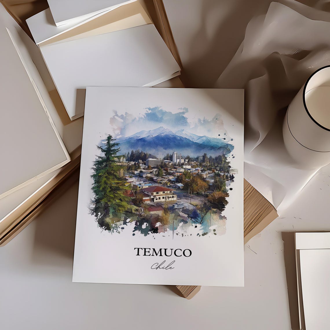 Temuco Chile Watercolor City Snowy Mountain Peaks Scenic Poster - Image 3