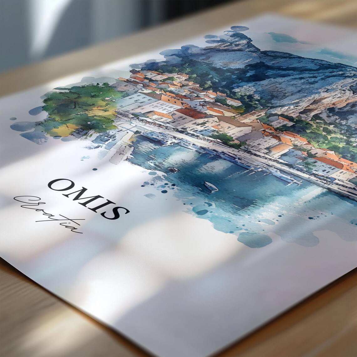 Omis Croatia Mountain Backed Coastal Harbor Watercolor Poster - Image 6
