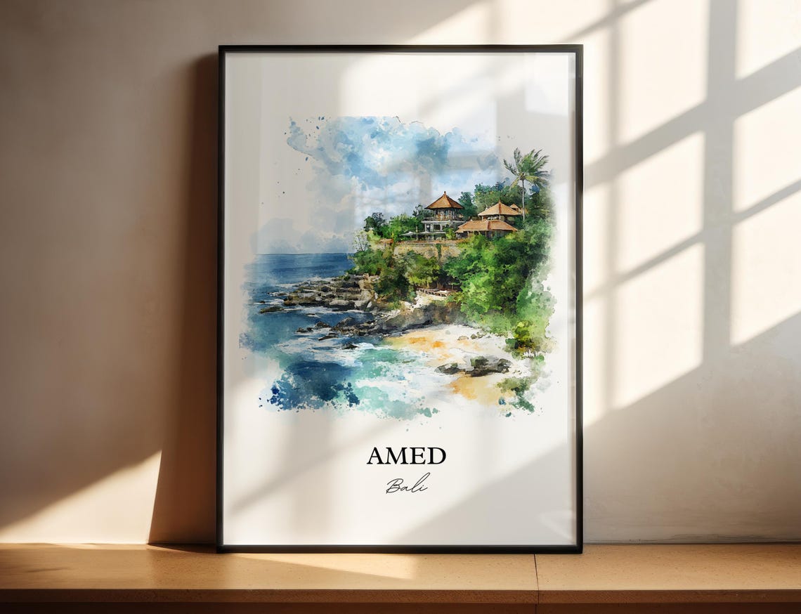 Amed Bali Watercolor Rocky Cove Cliffside Hills Ocean Poster