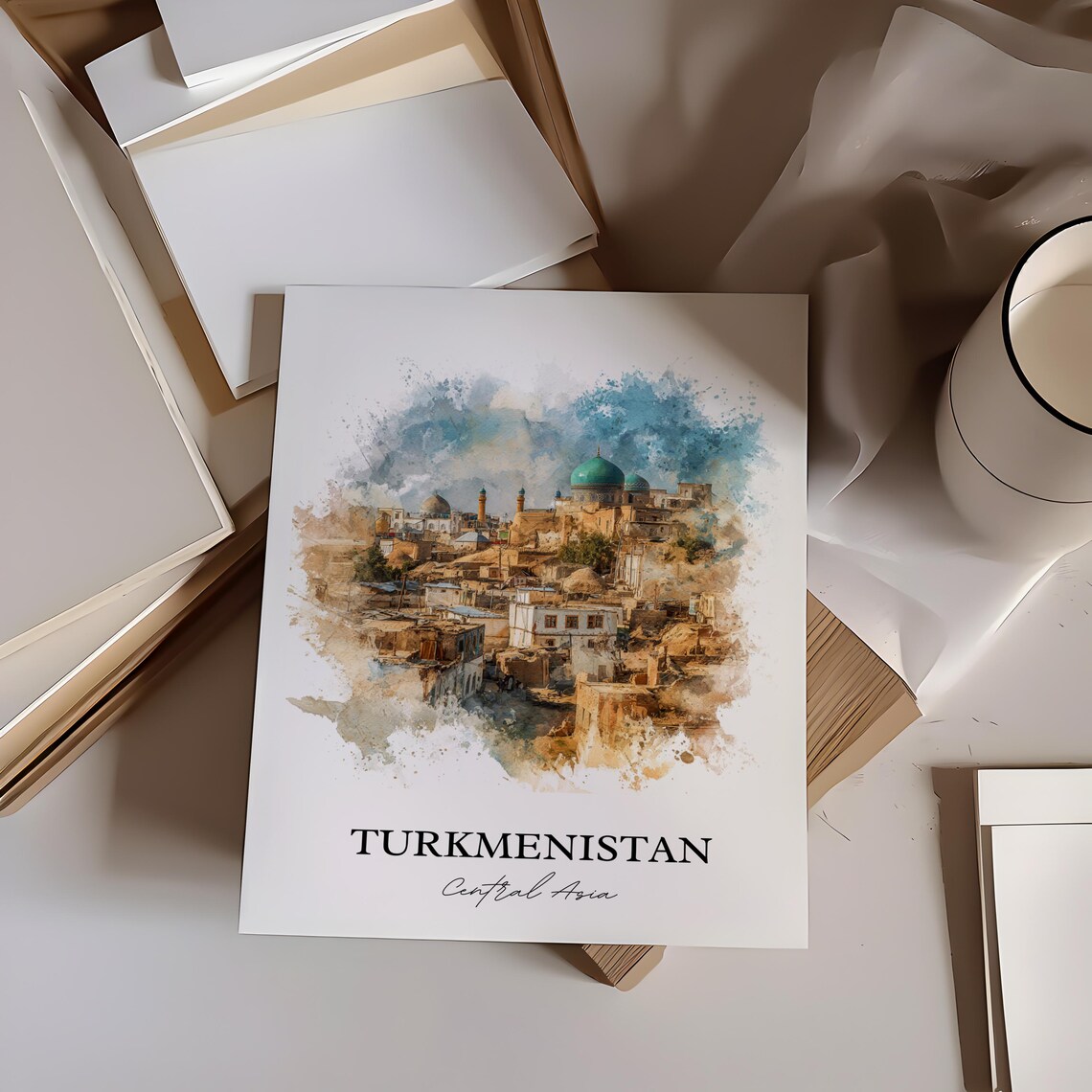 Turkmenistan Central Asia Watercolor Art Desert City Domes Poster - Image 2