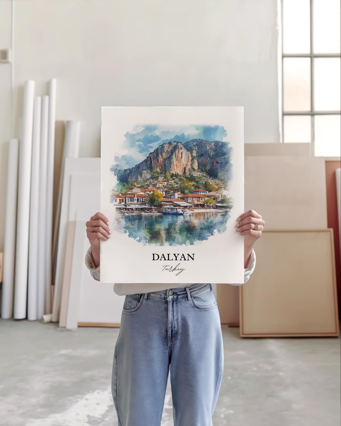 Dalyan Turkey Watercolor Harbor Town Rock Mountain Lake Poster - Image 5