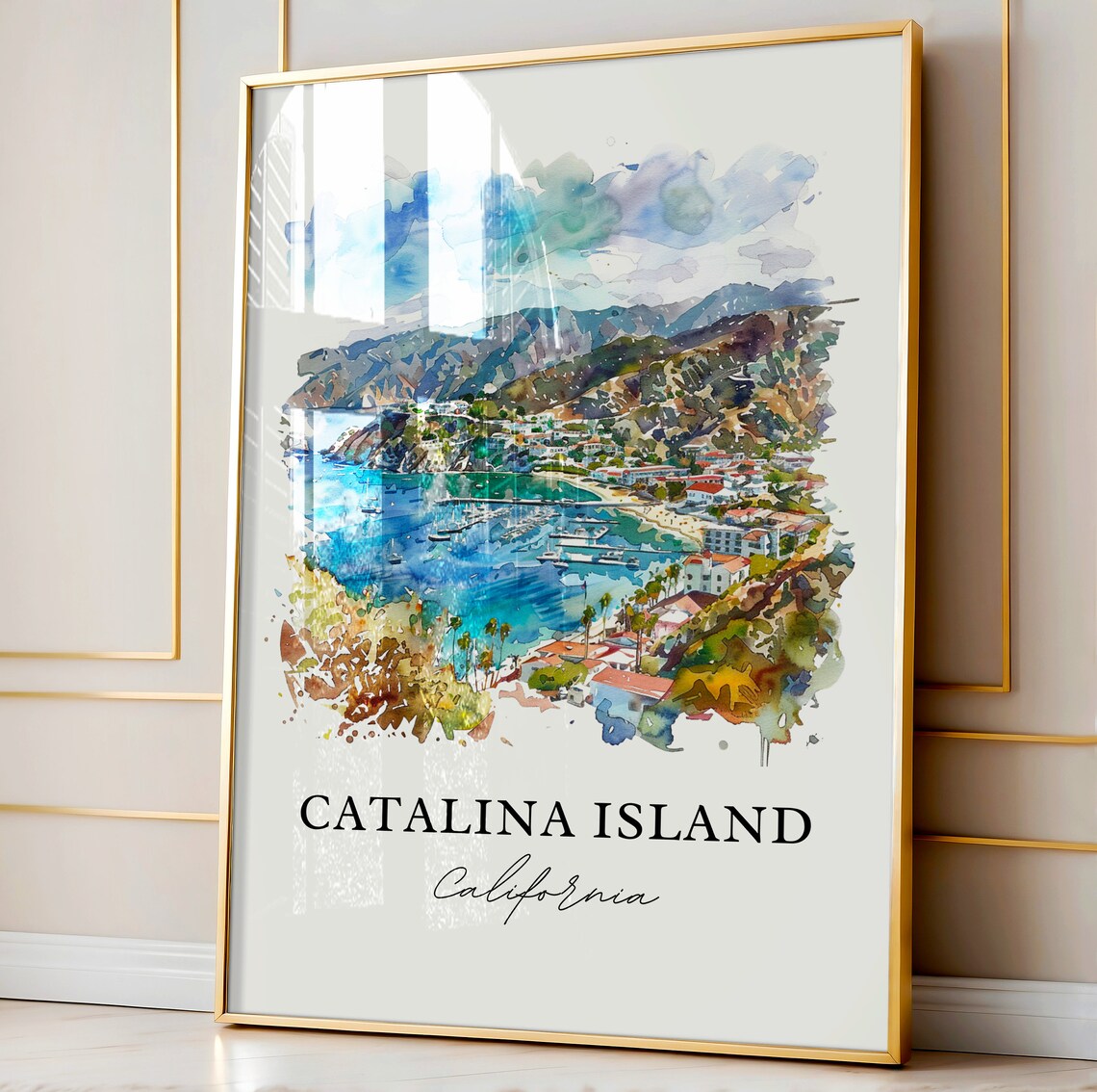 Catalina Island California Watercolor Harbor Aerial Scene Art Poster - Image 4