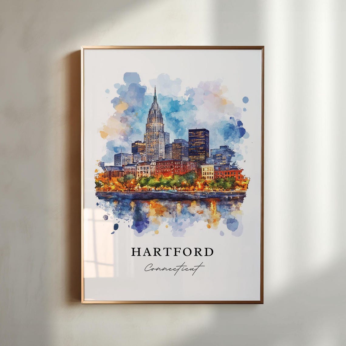 Hartford Connecticut Downtown Skyline Watercolor Travel Poster