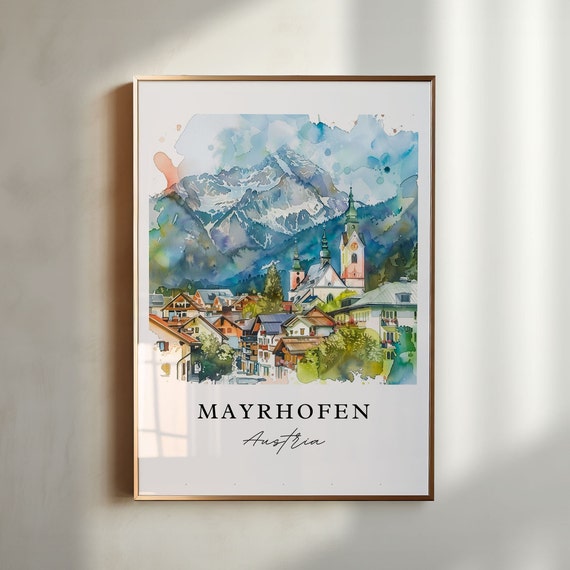 Mayrhofen Austria Wall Art Print Ski Watercolor Zillertal Alps Gift Travel Poster Housewarming