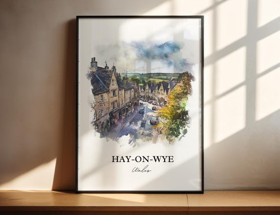 Hayonwye, Wales Watercolor Travel Poster, Housewarming