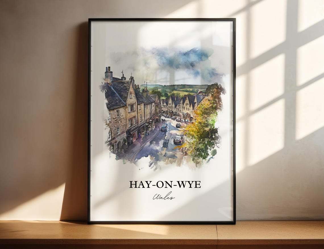Hayonwye, Wales Watercolor Travel Poster, Housewarming