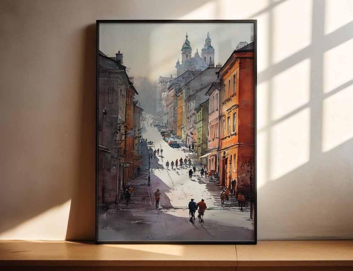 Lublin Poland Old Town Street Twin Towers Sunlit Watercolor Print