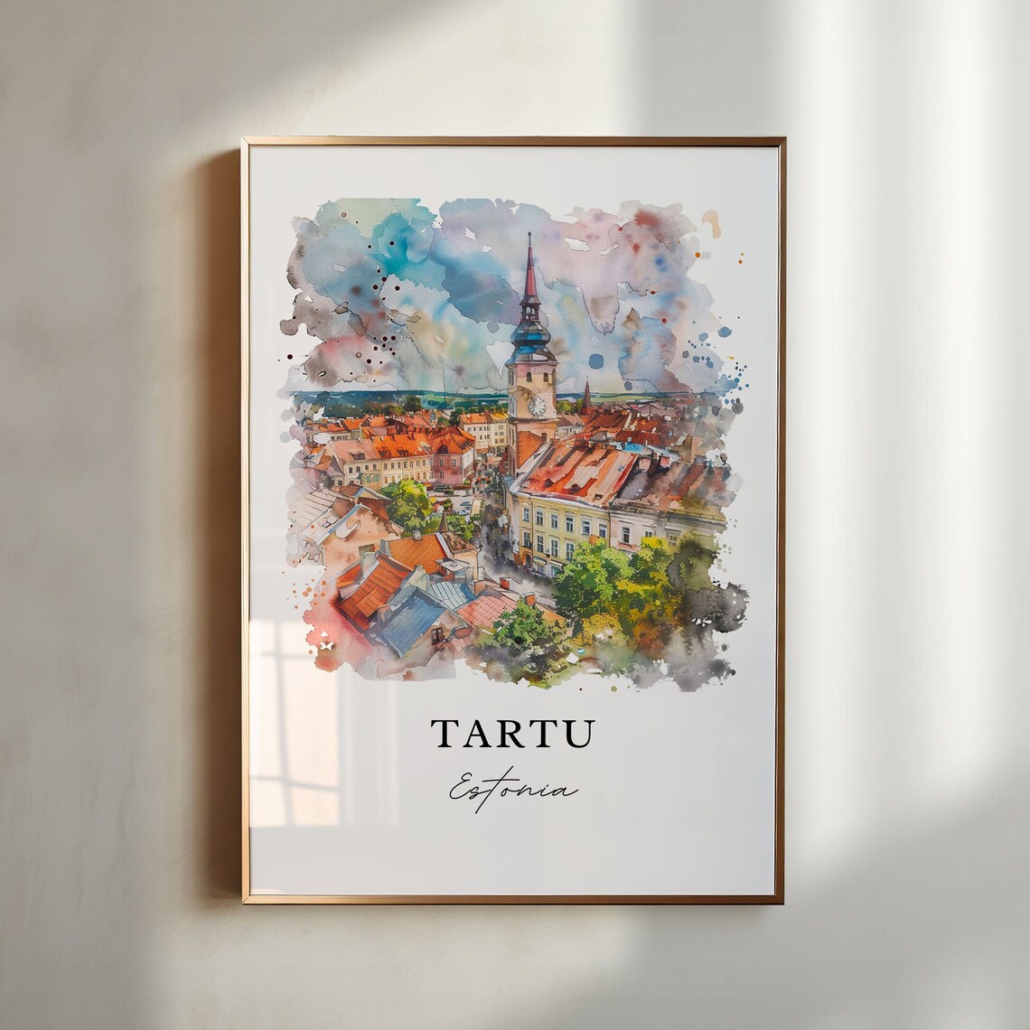Tartu Estonia Old Town Hall Tower Watercolor Panorama Travel Poster