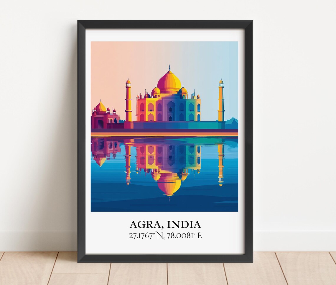 Agra India Taj Mahal Reflection Retro Travel Coordinates Art Poster - Image 3