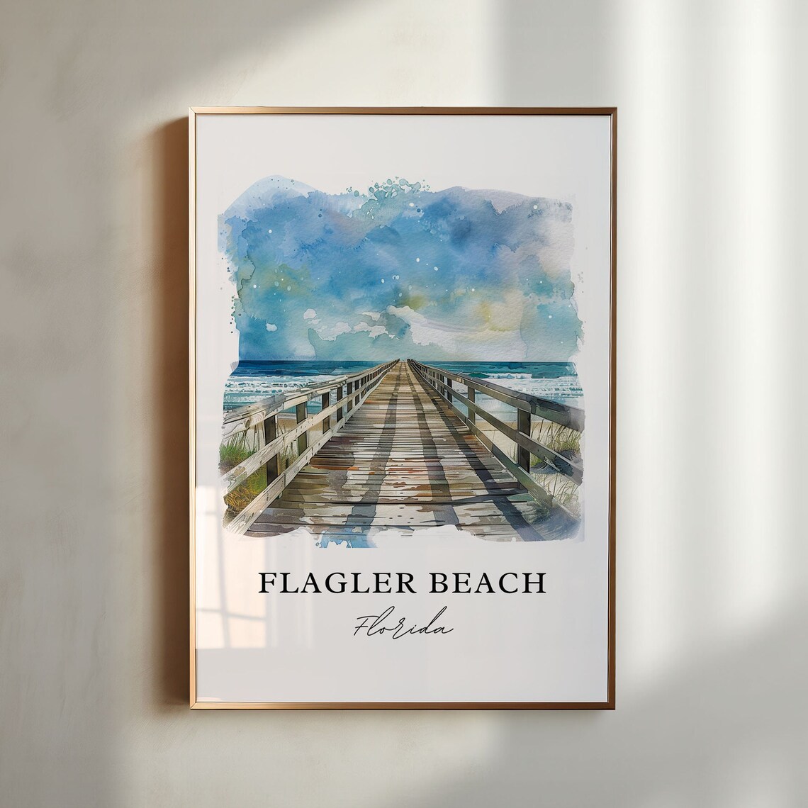 Flagler Beach Florida Ocean Pier Boardwalk Watercolor Poster