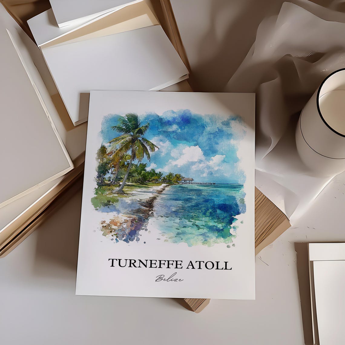 Turneffe Atoll Belize Beach Watercolor Tropical Ocean Scene Poster - Image 3