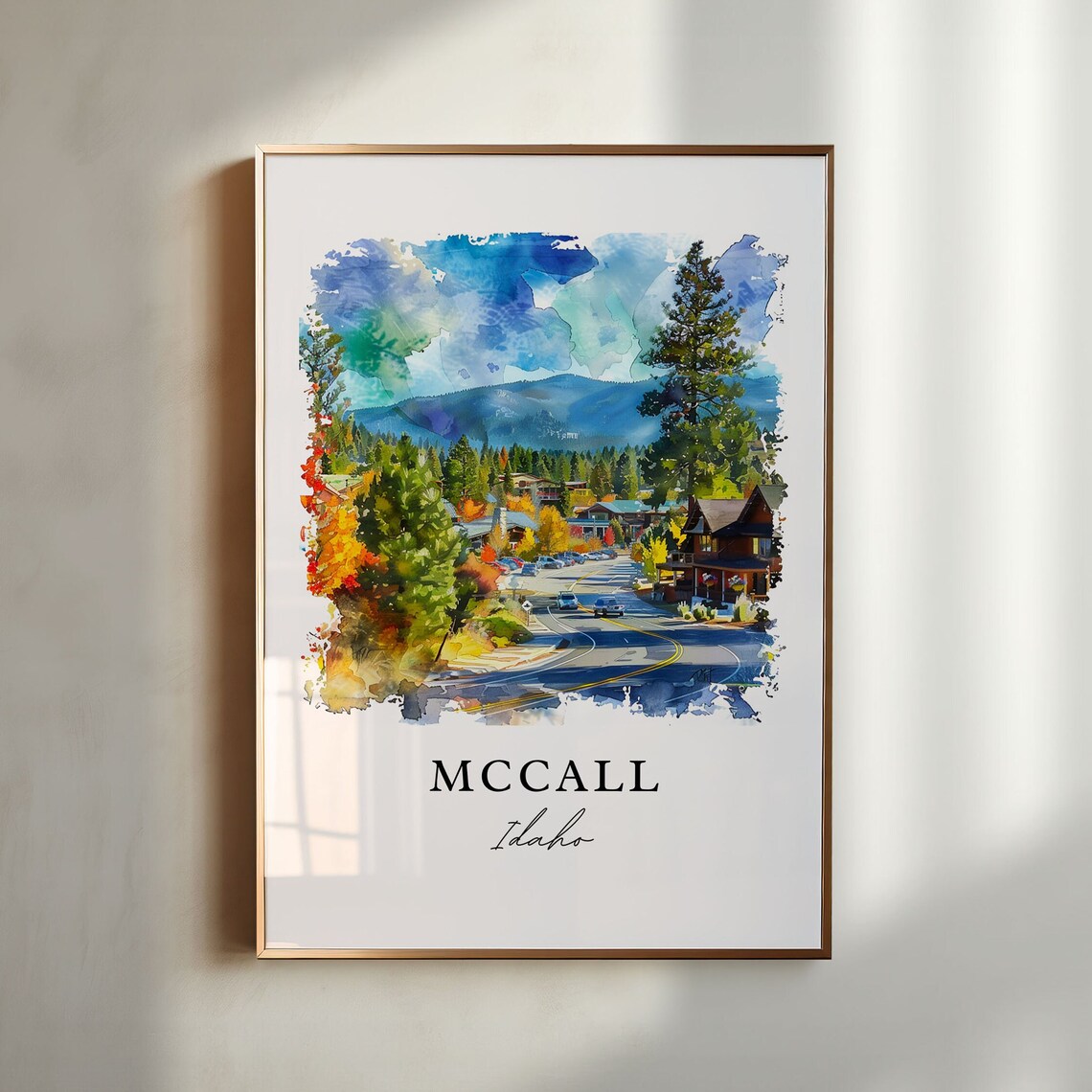 McCall Idaho Mountain Lake Town Autumn Watercolor Travel Poster