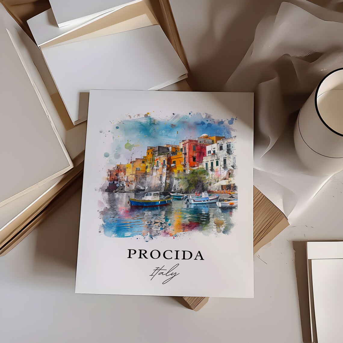Procida Italy Colorful Harbor Boats Coast Watercolor Travel Poster - Image 6
