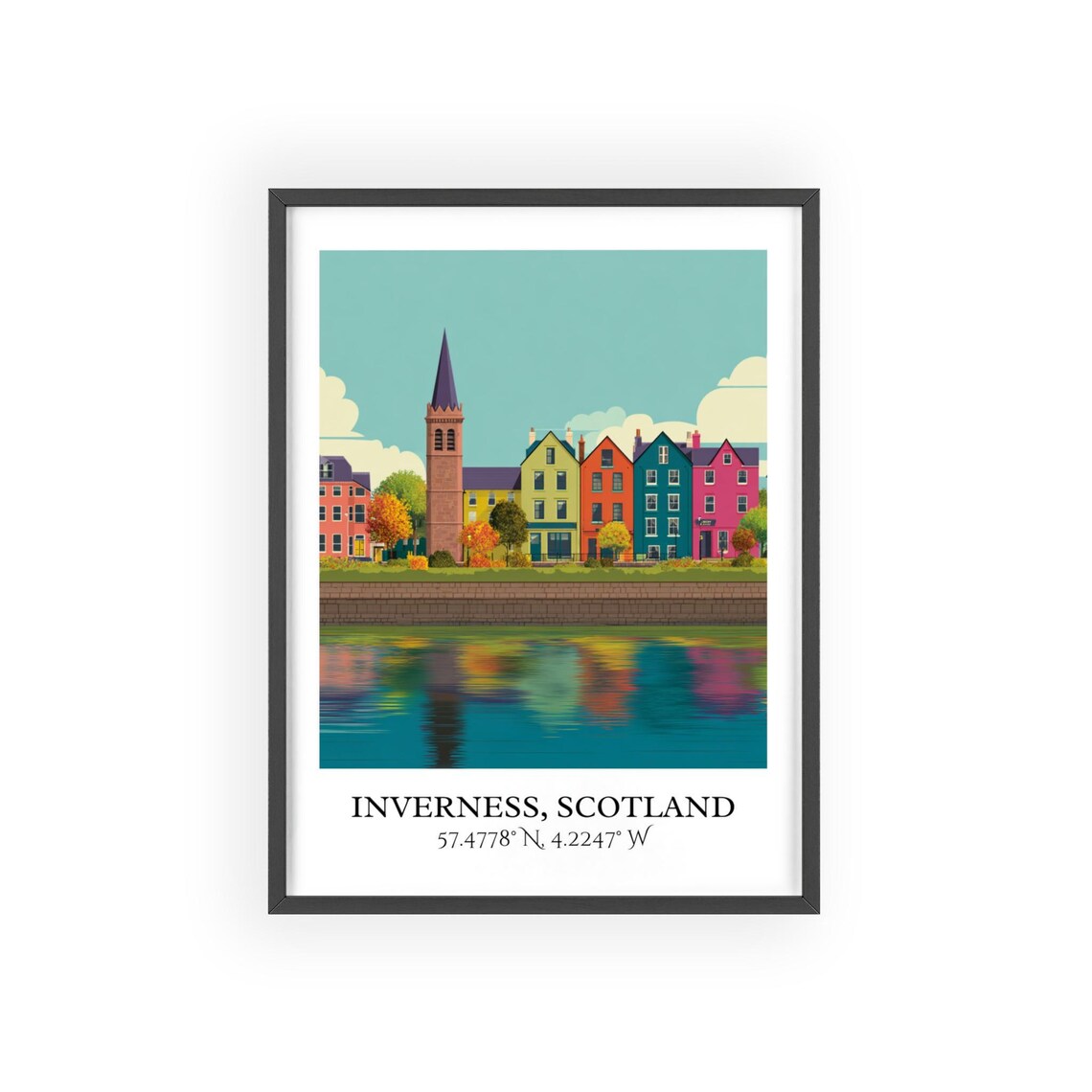 Inverness Scotland Riverside Houses Church Spire Retro Travel Poster - Image 2