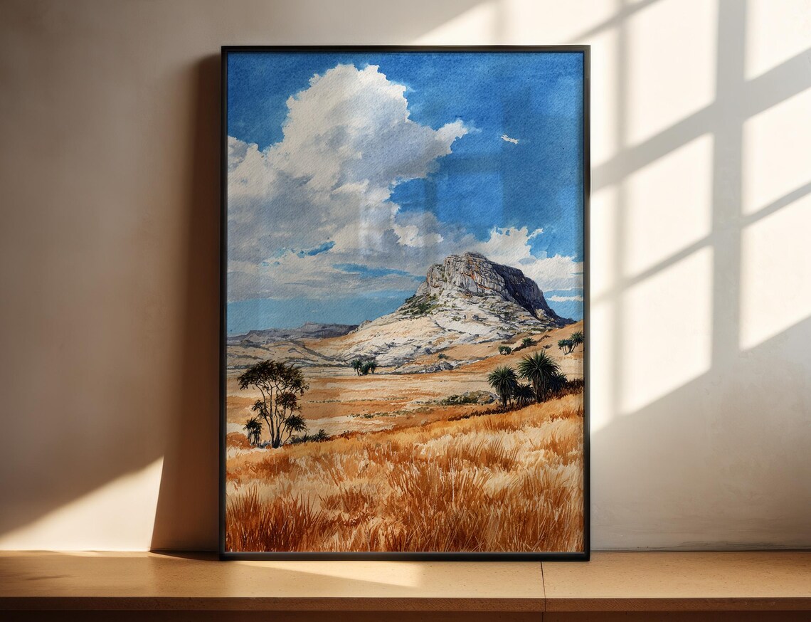 Desert Mountain Massif Golden Grassland Watercolor Landscape Poster