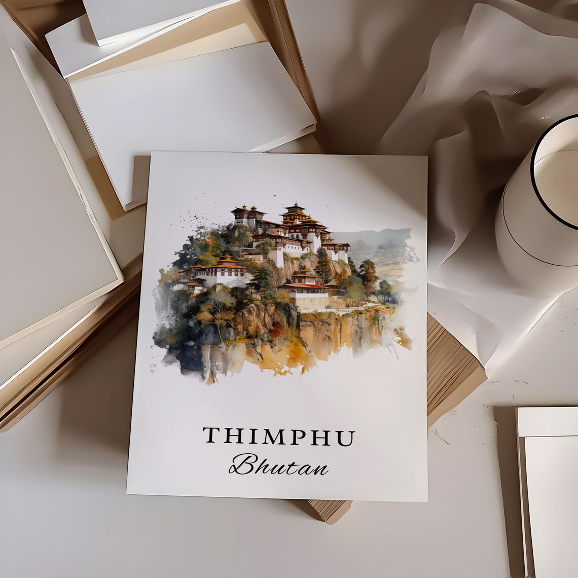 Thimphu Bhutan Watercolor Cliff Monastery Mountain Retreat Poster - Image 5