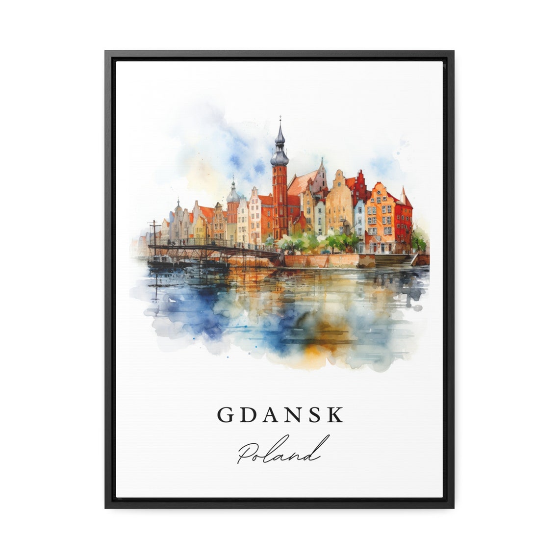 Gdansk Poland Waterfront Old Town Watercolor River Reflection Poster - Image 3