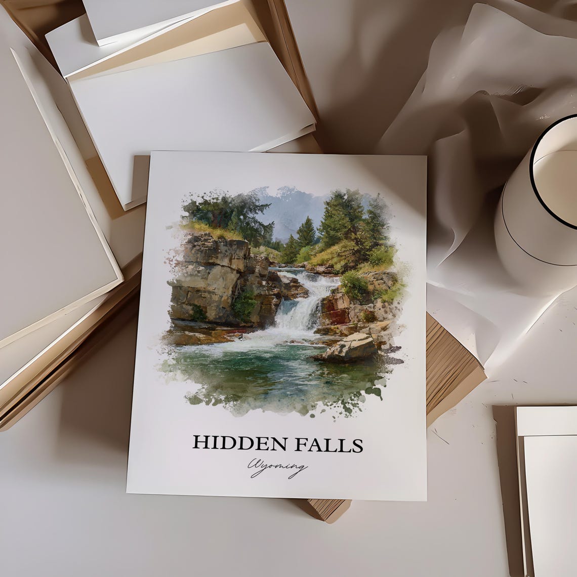Hidden Falls Wyoming Emerald Pool Pine Forest Watercolor Poster - Image 6