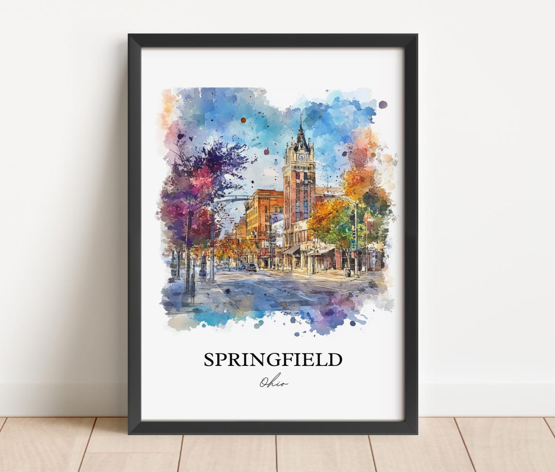 Springfield Ohio Watercolor Downtown Clock Tower Street Poster - Image 4