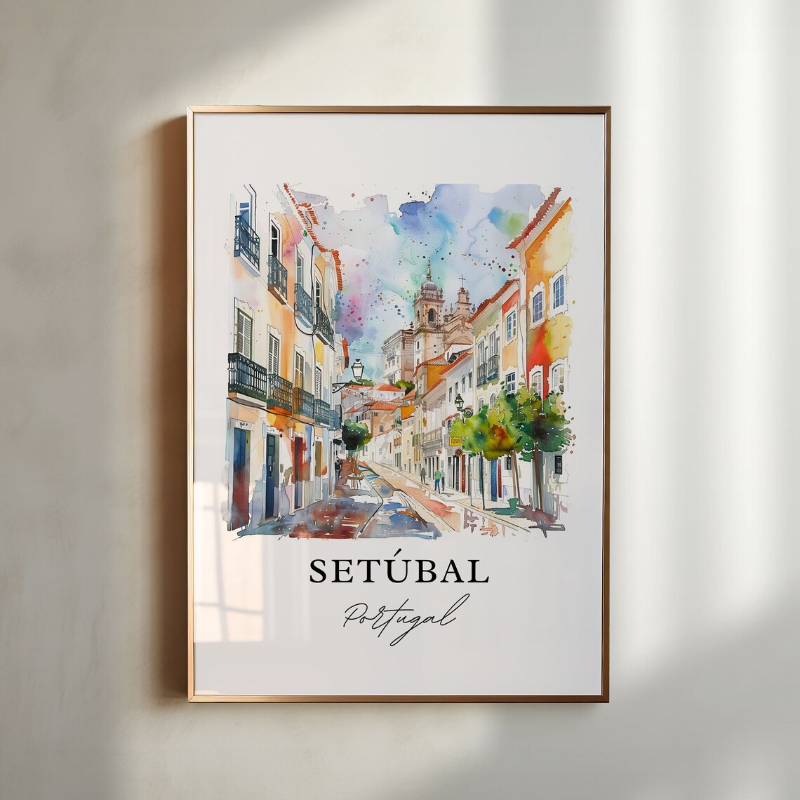 Setubal Portugal Colorful Old Town Street Watercolor Church Poster