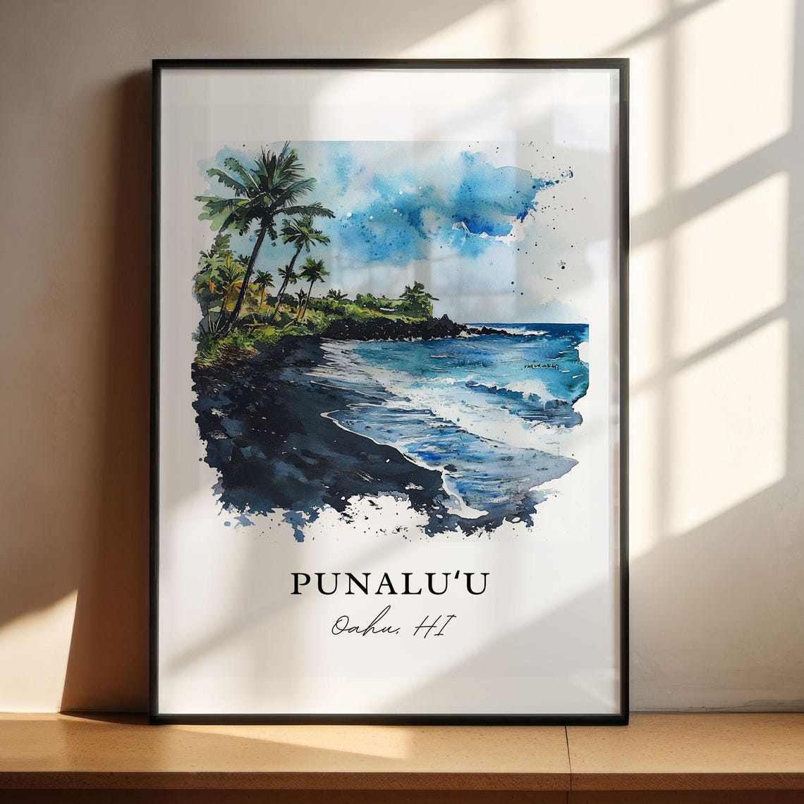 Punaluu Oahu Hawaii Palm Beach Dark Sand Watercolor Travel Poster