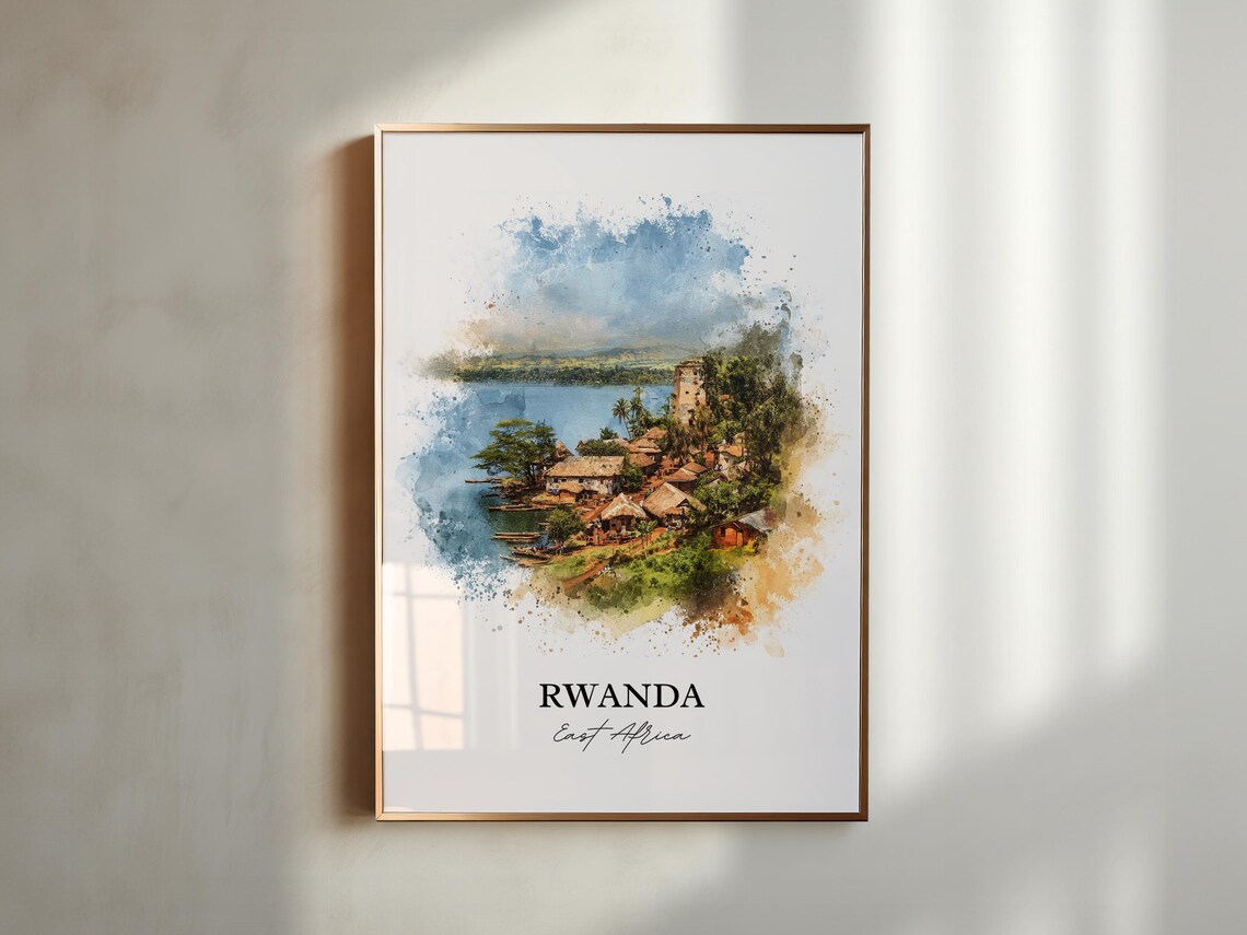 Rwanda East Africa Watercolor Lakeside Village Hills Travel Poster - Image 5