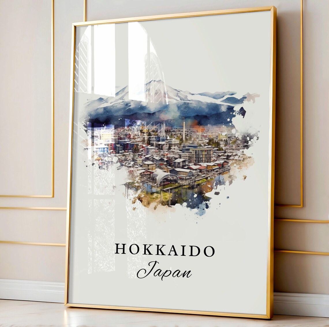 Hokkaido Japan Watercolor Snowy Mountain City Winter Art Poster