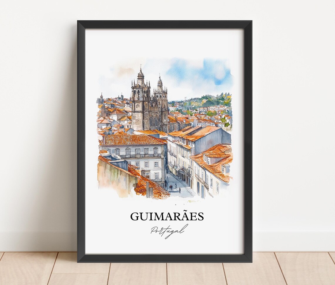 Guimaraes Portugal Watercolor Cathedral Rooftops Old Town Poster - Image 2