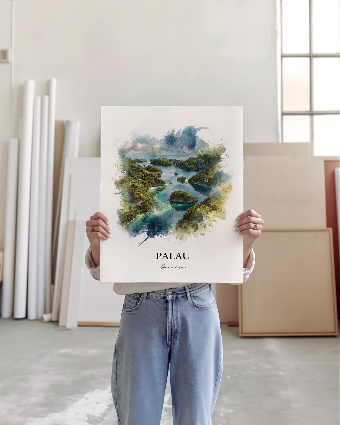 Palau Oceania Rock Islands Lagoon Aerial Watercolor Art Poster - Image 4