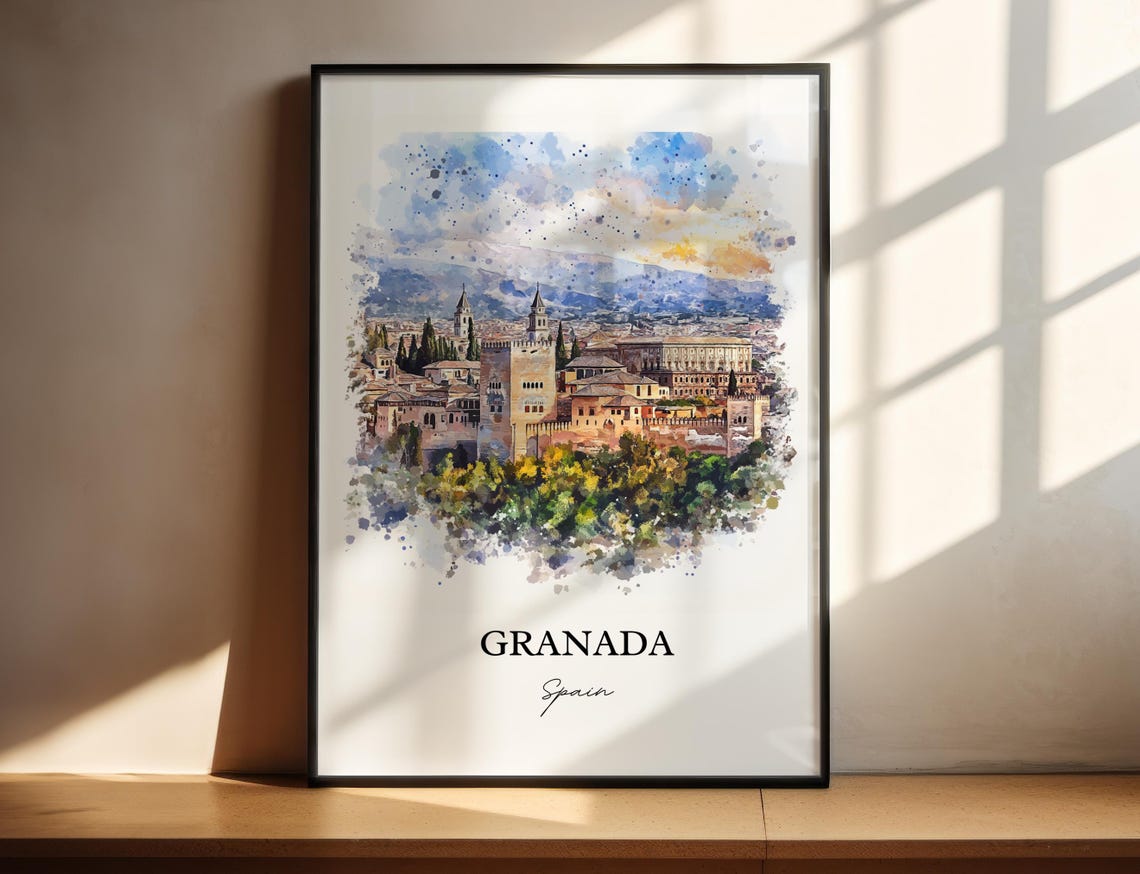 Granada Spain Watercolor Alhambra Palace Hilltop Skyline View Poster