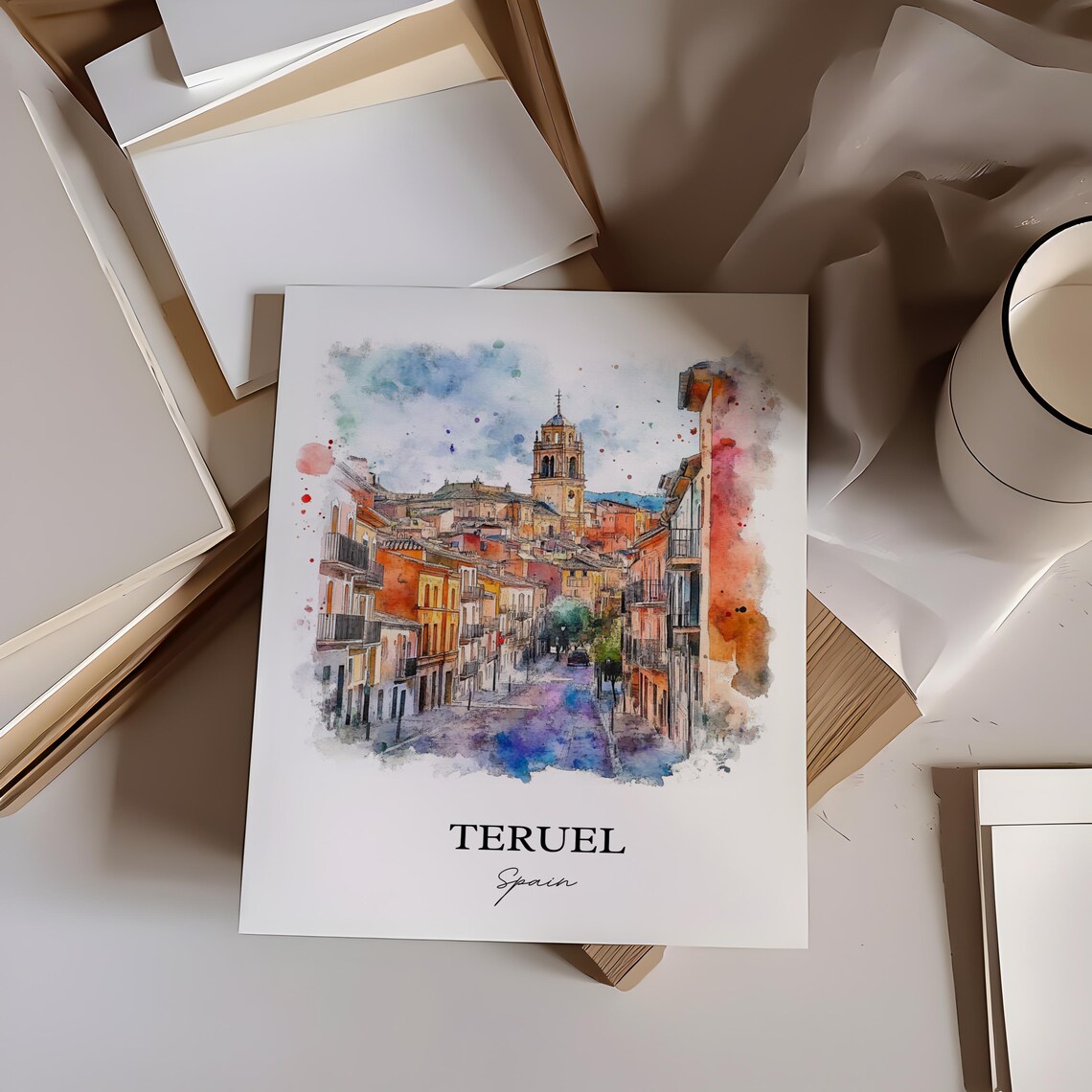 Teruel Spain Watercolor Old Town Street Bell Tower Art Poster - Image 3