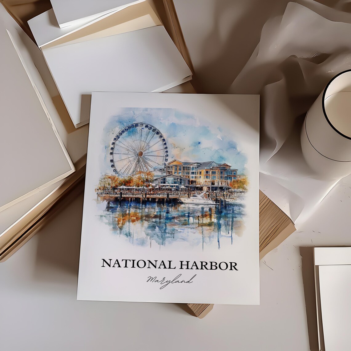 National Harbor Maryland Watercolor Ferris Wheel Waterfront Poster - Image 3