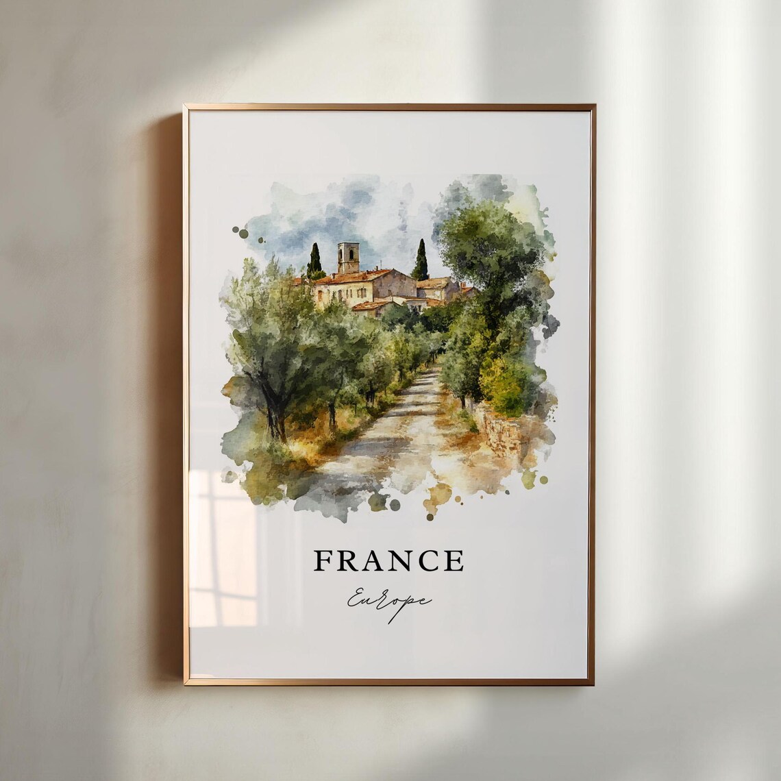France Europe Countryside Lane Stone Village Watercolor Poster