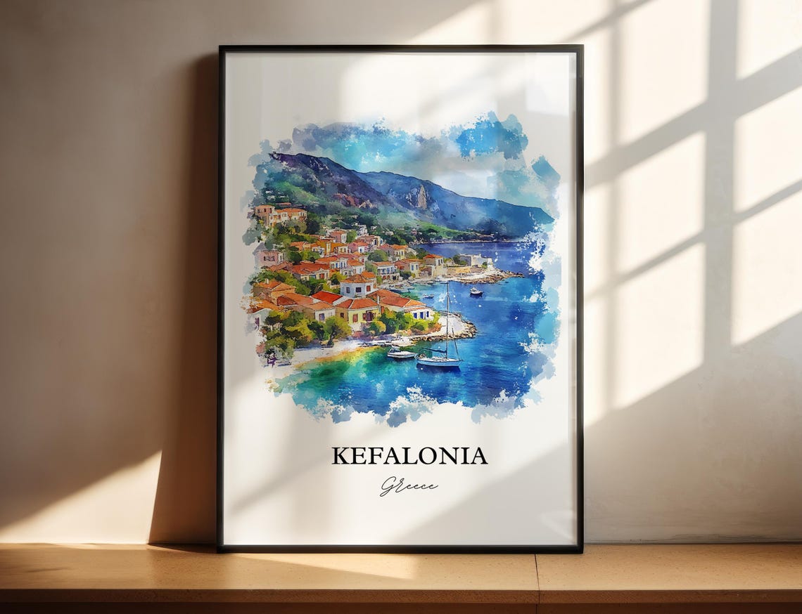 Kefalonia Argostolion Watercolor Travel Poster