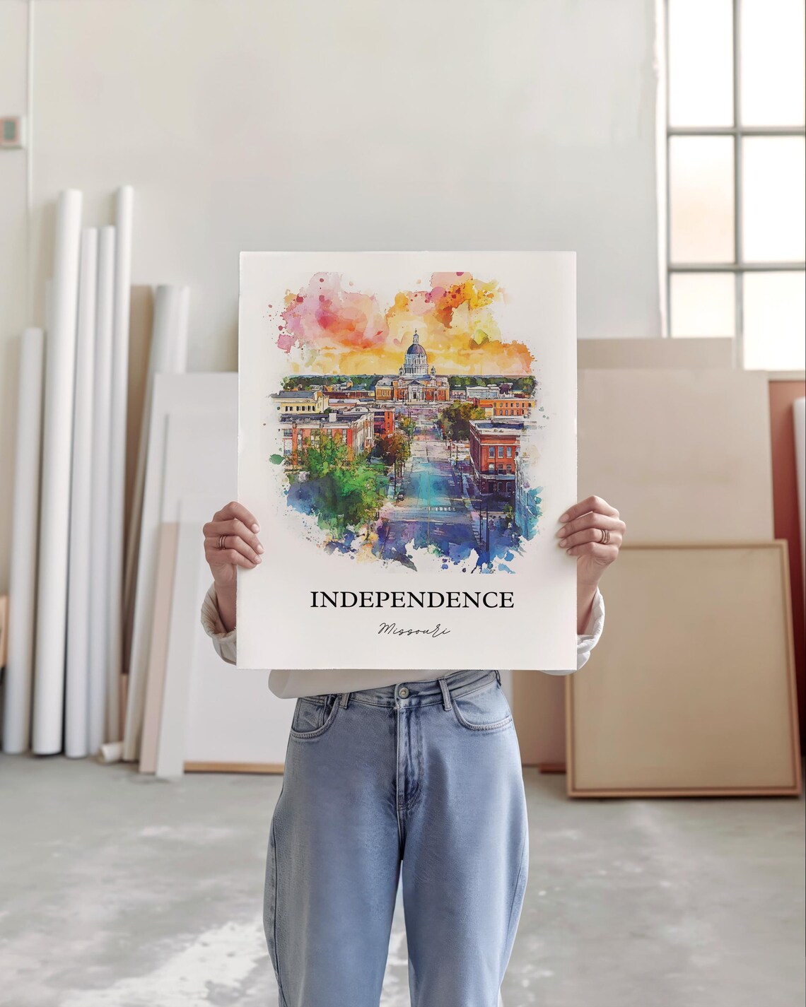 Independence Missouri Historic Dome Cityscape Watercolor Poster - Image 5